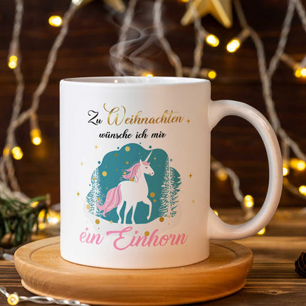 SEO. Bedruckte Tasse mit Weihnachtsmotiv - Zu Weihnachten wünsche ich mir ein Einhorn - Weiß Linkreich
