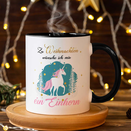 SEO. Bedruckte Tasse mit Weihnachtsmotiv - Zu Weihnachten wünsche ich mir ein Einhorn - Weiß Linkreich