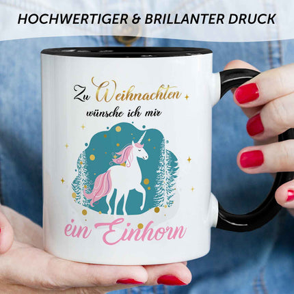 SEO. Bedruckte Tasse mit Weihnachtsmotiv - Zu Weihnachten wünsche ich mir ein Einhorn - Schwarz & Weiß Linkreich