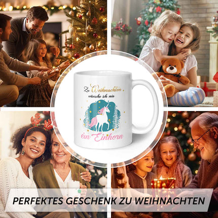 SEO. Bedruckte Tasse mit Weihnachtsmotiv - Zu Weihnachten wünsche ich mir ein Einhorn - Weiß Linkreich