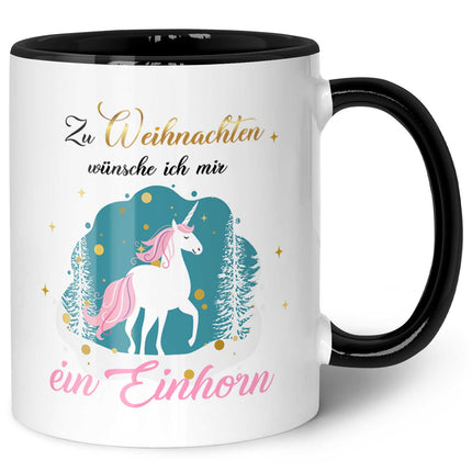SEO. Bedruckte Tasse mit Weihnachtsmotiv - Zu Weihnachten wünsche ich mir ein Einhorn - Schwarz & Weiß Linkreich
