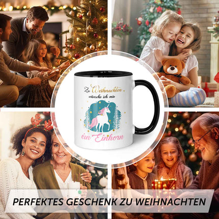 SEO. Bedruckte Tasse mit Weihnachtsmotiv - Zu Weihnachten wünsche ich mir ein Einhorn - Schwarz & Weiß Linkreich