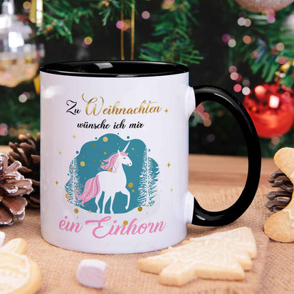 SEO. Bedruckte Tasse mit Weihnachtsmotiv - Zu Weihnachten wünsche ich mir ein Einhorn - Schwarz & Weiß Linkreich