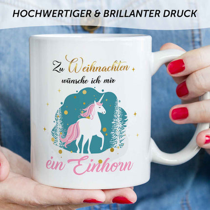 SEO. Bedruckte Tasse mit Weihnachtsmotiv - Zu Weihnachten wünsche ich mir ein Einhorn - Weiß Linkreich