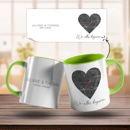 SEO. Bedruckte Tasse mit "Wo alles begann" Motiv - Personalisiertes Geschenk mit Wunschkoordinaten - Hellgrün Linkreich