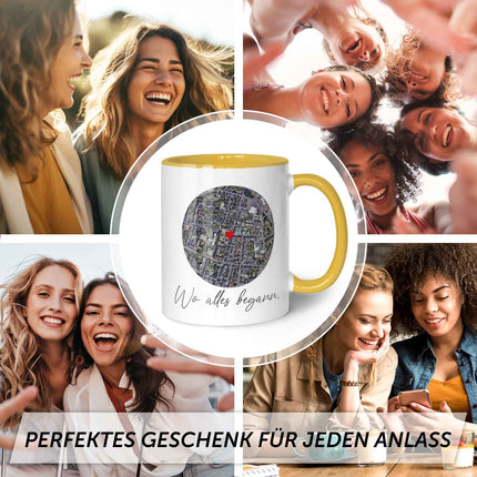 SEO. Bedruckte Tasse mit "Wo alles begann" Motiv - Personalisiertes Geschenk mit Wunschkoordinaten - Gelb Linkreich