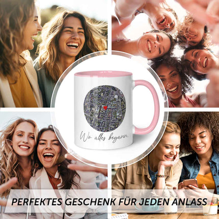 SEO. Bedruckte Tasse mit "Wo alles begann" Motiv - Personalisiertes Geschenk mit Wunschkoordinaten - Rosa Linkreich