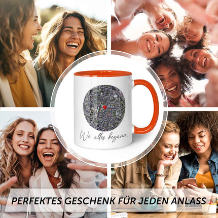 SEO. Bedruckte Tasse mit "Wo alles begann" Motiv - Personalisiertes Geschenk mit Wunschkoordinaten - Orange Linkreich