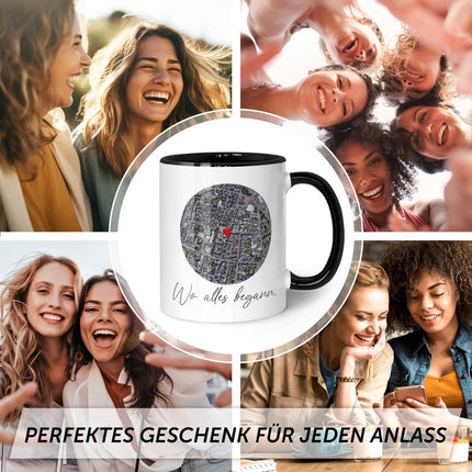 SEO. Bedruckte Tasse mit "Wo alles begann" Motiv - Personalisiertes Geschenk mit Wunschkoordinaten - Schwarz & Weiß Linkreich