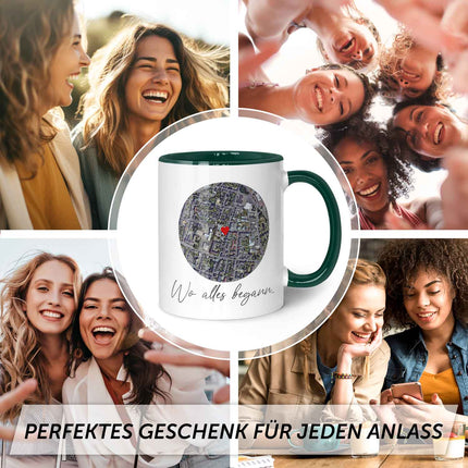 SEO. Bedruckte Tasse mit "Wo alles begann" Motiv - Personalisiertes Geschenk mit Wunschkoordinaten - Dunkelgrün Linkreich
