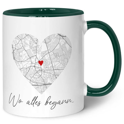 SEO. Bedruckte Tasse mit "Wo alles begann" Motiv - Personalisiertes Geschenk mit Wunschkoordinaten - Dunkelgrün Linkreich