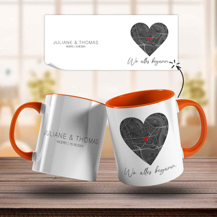 SEO. Bedruckte Tasse mit "Wo alles begann" Motiv - Personalisiertes Geschenk mit Wunschkoordinaten - Orange Linkreich
