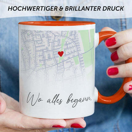 SEO. Bedruckte Tasse mit "Wo alles begann" Motiv - Personalisiertes Geschenk mit Wunschkoordinaten - Orange Linkreich