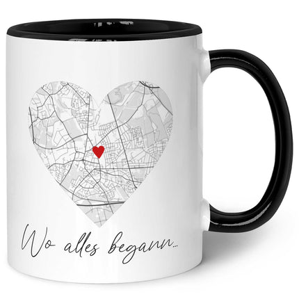 SEO. Bedruckte Tasse mit "Wo alles begann" Motiv - Personalisiertes Geschenk mit Wunschkoordinaten - Schwarz & Weiß Linkreich