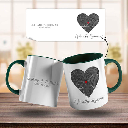 SEO. Bedruckte Tasse mit "Wo alles begann" Motiv - Personalisiertes Geschenk mit Wunschkoordinaten - Dunkelgrün Linkreich