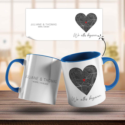 SEO. Bedruckte Tasse mit "Wo alles begann" Motiv - Personalisiertes Geschenk mit Wunschkoordinaten - Blau Linkreich