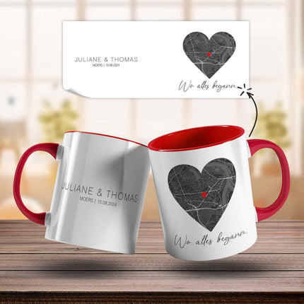 SEO. Bedruckte Tasse mit "Wo alles begann" Motiv - Personalisiertes Geschenk mit Wunschkoordinaten - Rot Linkreich