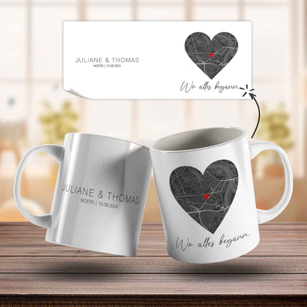 SEO. Bedruckte Tasse mit "Wo alles begann" Motiv - Personalisiertes Geschenk mit Wunschkoordinaten - Weiß Linkreich