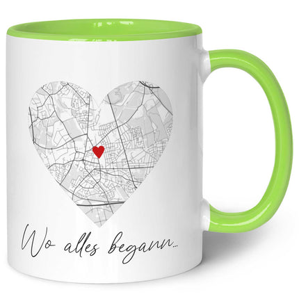 SEO. Bedruckte Tasse mit "Wo alles begann" Motiv - Personalisiertes Geschenk mit Wunschkoordinaten - Hellgrün Linkreich