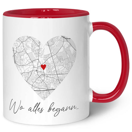 SEO. Bedruckte Tasse mit "Wo alles begann" Motiv - Personalisiertes Geschenk mit Wunschkoordinaten - Rot Linkreich