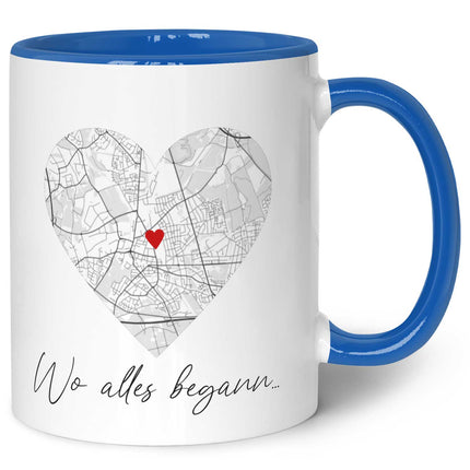 SEO. Bedruckte Tasse mit "Wo alles begann" Motiv - Personalisiertes Geschenk mit Wunschkoordinaten - Blau Linkreich