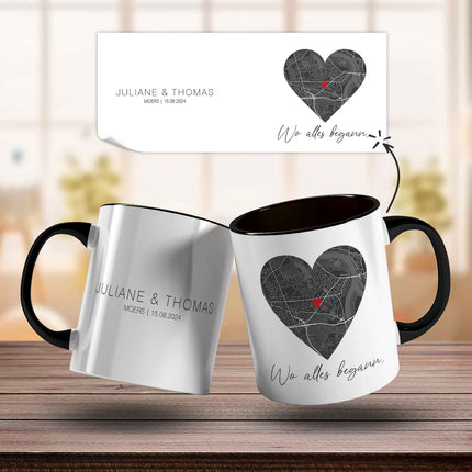 SEO. Bedruckte Tasse mit "Wo alles begann" Motiv - Personalisiertes Geschenk mit Wunschkoordinaten - Schwarz & Weiß Linkreich