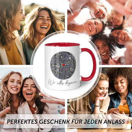SEO. Bedruckte Tasse mit "Wo alles begann" Motiv - Personalisiertes Geschenk mit Wunschkoordinaten - Rot Linkreich