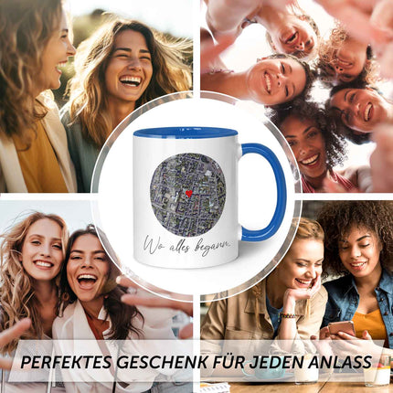 SEO. Bedruckte Tasse mit "Wo alles begann" Motiv - Personalisiertes Geschenk mit Wunschkoordinaten - Blau Linkreich