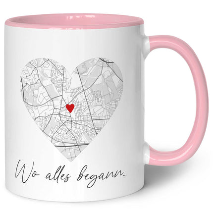 SEO. Bedruckte Tasse mit "Wo alles begann" Motiv - Personalisiertes Geschenk mit Wunschkoordinaten - Rosa Linkreich