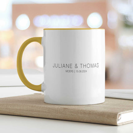 SEO. Bedruckte Tasse mit "Wo alles begann" Motiv - Personalisiertes Geschenk mit Wunschkoordinaten - Gelb Linkreich