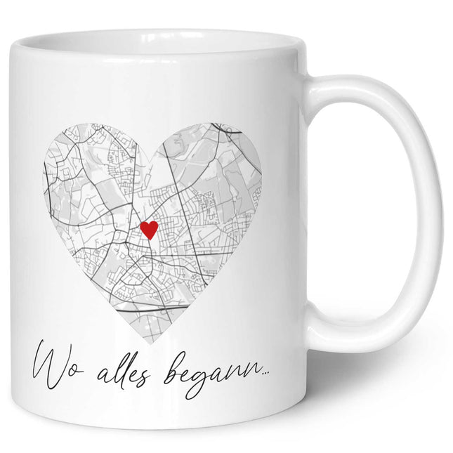 SEO. Bedruckte Tasse mit "Wo alles begann" Motiv - Personalisiertes Geschenk mit Wunschkoordinaten - Weiß Linkreich