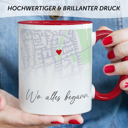 SEO. Bedruckte Tasse mit "Wo alles begann" Motiv - Personalisiertes Geschenk mit Wunschkoordinaten - Rot Linkreich