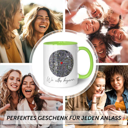 SEO. Bedruckte Tasse mit "Wo alles begann" Motiv - Personalisiertes Geschenk mit Wunschkoordinaten - Hellgrün Linkreich
