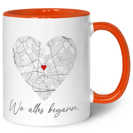 SEO. Bedruckte Tasse mit "Wo alles begann" Motiv - Personalisiertes Geschenk mit Wunschkoordinaten - Orange Linkreich
