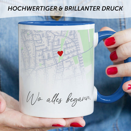 SEO. Bedruckte Tasse mit "Wo alles begann" Motiv - Personalisiertes Geschenk mit Wunschkoordinaten - Blau Linkreich