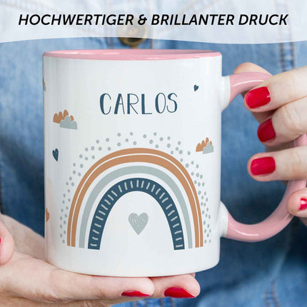 SEO. Bedruckte Tasse - Regenbogen - Personalisiert mit Namen - Für Mädchen und Jungen - Rosa Linkreich