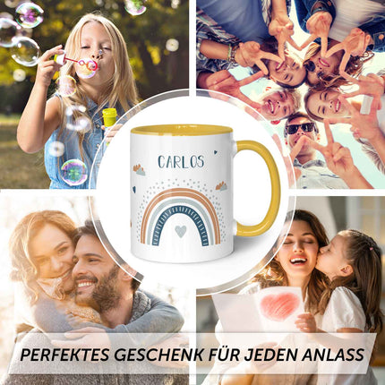 SEO. Bedruckte Tasse - Regenbogen - Personalisiert mit Namen - Für Mädchen und Jungen - Gelb Linkreich
