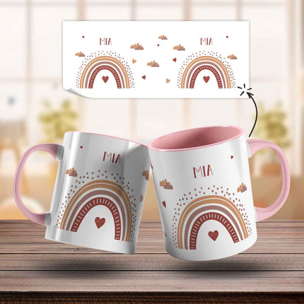 SEO. Bedruckte Tasse - Regenbogen - Personalisiert mit Namen - Für Mädchen und Jungen - Rosa Linkreich