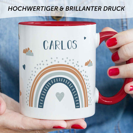 SEO. Bedruckte Tasse - Regenbogen - Personalisiert mit Namen - Für Mädchen und Jungen - Rot Linkreich