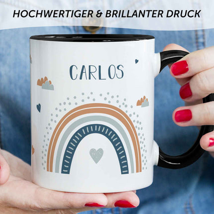 SEO. Bedruckte Tasse - Regenbogen - Personalisiert mit Namen - Für Mädchen und Jungen - Schwarz & Weiß Linkreich