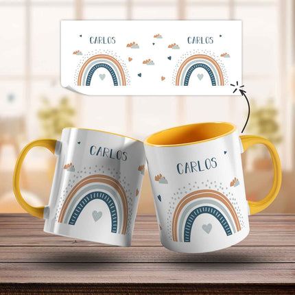 SEO. Bedruckte Tasse - Regenbogen - Personalisiert mit Namen - Für Mädchen und Jungen - Gelb Linkreich