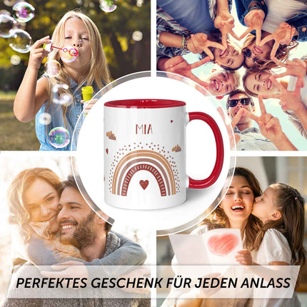 SEO. Bedruckte Tasse - Regenbogen - Personalisiert mit Namen - Für Mädchen und Jungen - Rot Linkreich