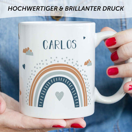 SEO. Bedruckte Tasse - Regenbogen - Personalisiert mit Namen - Für Mädchen und Jungen - Weiß Linkreich