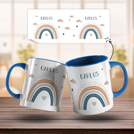 SEO. Bedruckte Tasse - Regenbogen - Personalisiert mit Namen - Für Mädchen und Jungen - Blau Linkreich