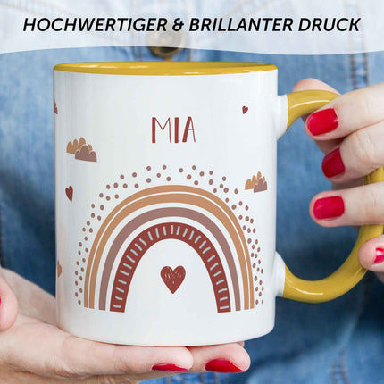 SEO. Bedruckte Tasse - Regenbogen - Personalisiert mit Namen - Für Mädchen und Jungen - Gelb Linkreich