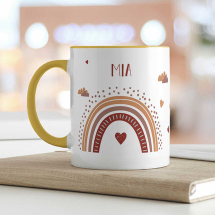 SEO. Bedruckte Tasse - Regenbogen - Personalisiert mit Namen - Für Mädchen und Jungen - Gelb Linkreich