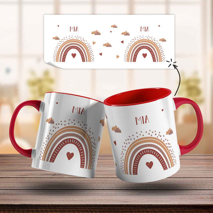 SEO. Bedruckte Tasse - Regenbogen - Personalisiert mit Namen - Für Mädchen und Jungen - Rot Linkreich