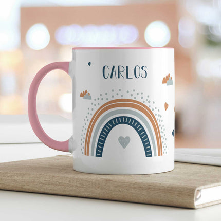 SEO. Bedruckte Tasse - Regenbogen - Personalisiert mit Namen - Für Mädchen und Jungen - Rosa Linkreich