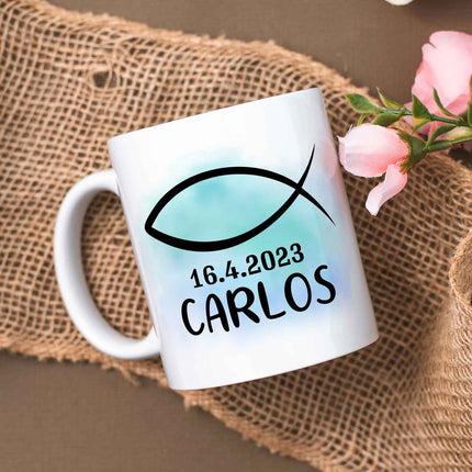 SEO. Bedruckte Tasse - zur Konfirmation mit Name & Datum - Boy Weiß Linkreich
