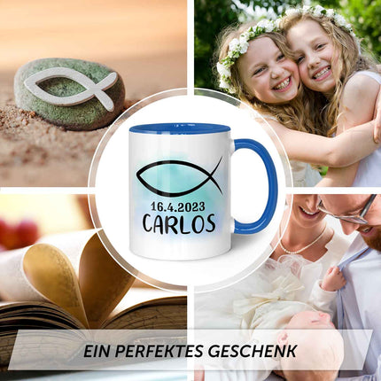 SEO. Bedruckte Tasse - zur Konfirmation mit Name & Datum - Boy Blau Linkreich